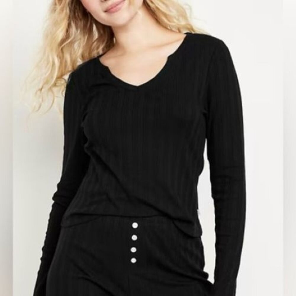 Old Navy Pointelle Knit Pajama Top V-Neck Long Sleeve Black Size XL NEW